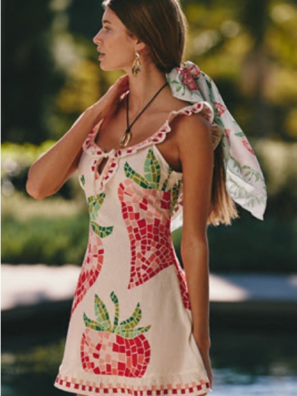 Anthropologie Cream Mini Dress with Pink & Green Mosaic Fruit Motif